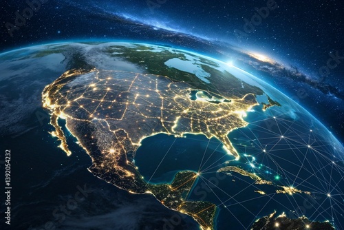 Nighttime satellite view of United States with glowing city lights showing population and urban infrastructure