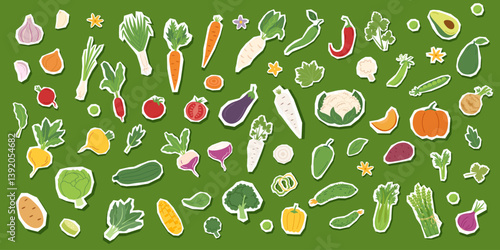 Set of vegetables stickers isolated on green background. Gardening, food, healthy eating and harvest concept elements. Vector flat hand drawn cliparts.