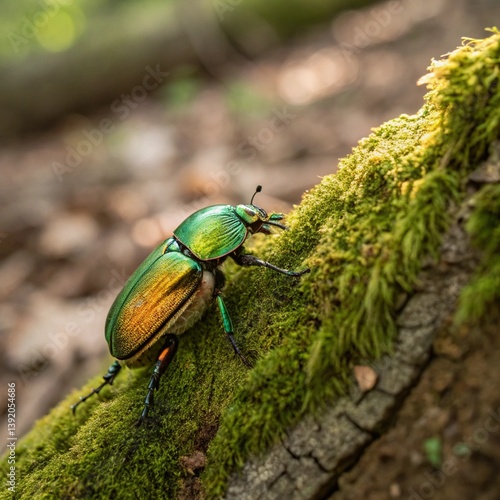 Beautiful green beetle crawling on moss-covered tree bark in natural forest setting
