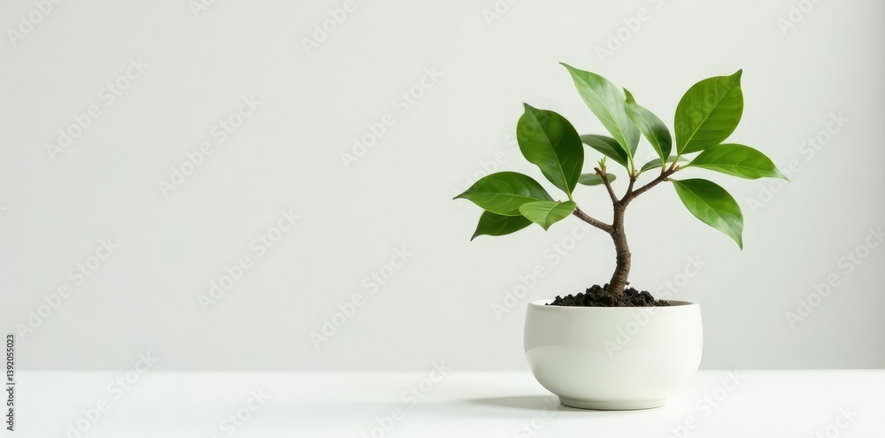 Small branch with leaves in a small ceramic container on a white background, leafy, tree Small branch with leaves in a small ceramic container on a white background, leafy, tree