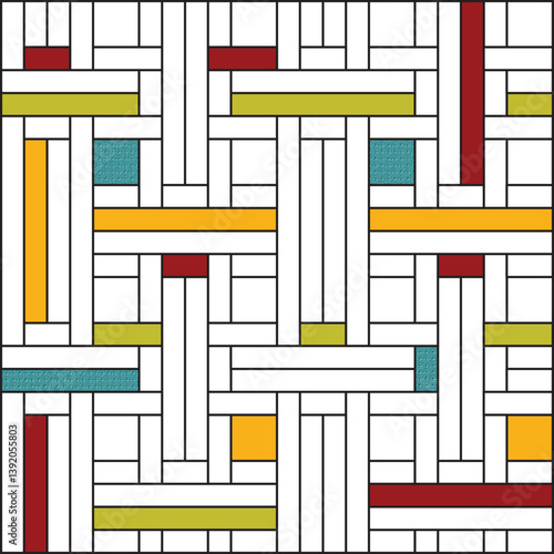 Grid of black lines on a white background. Selected squares and rectangles coloured in dark red, green and yellow with additional squares and rectangles of embossed turquoise aida cloth