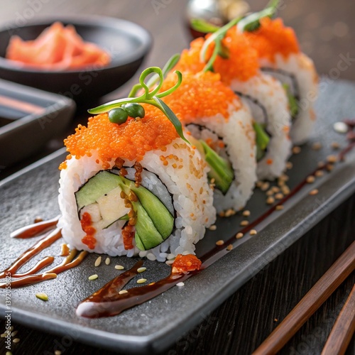 Delicious sushi rolls with avocado and shrimp, traditional Japanese cuisine in high-resolution photo