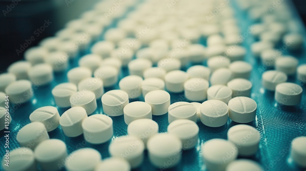 White pills on a conveyor belt White pills on a conveyor belt