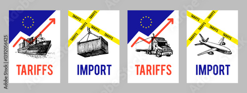 Trade war policy banner set with rising arrow, european union flag and cargo hand drawn sketches. Import tariffs concept. America tariffs on EU. Vector illustration