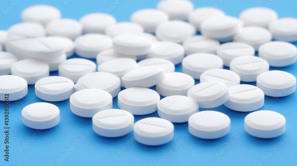 White pills scattered on a blue surface (1) White pills scattered on a blue surface (1)