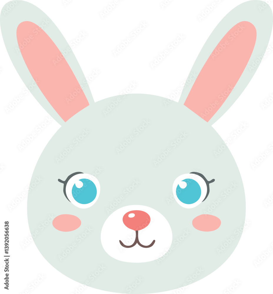 Vector Cute Cartoon Rabbit Face with Large Pink Ears and Big Blue Eyes in Pastel Mint Green Vector Cute Cartoon Rabbit Face with Large Pink Ears and Big Blue Eyes in Pastel Mint Green
