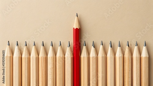 Red pencil rising above wooden pencils on beige background, symbol of individuality, leadership, and creative vision