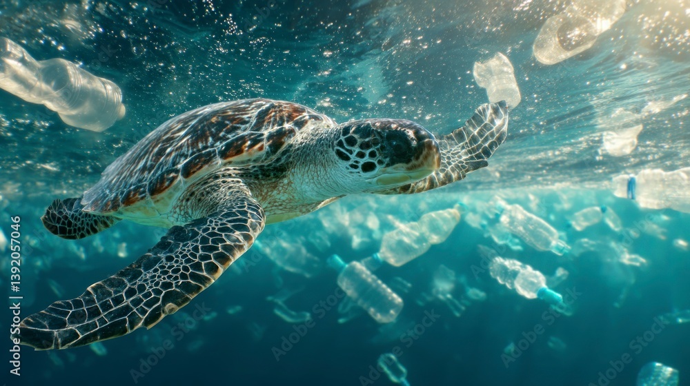 Fototapeta premium Sea Turtle Swimming Amongst Plastic Pollution Crisis in Ocean Water