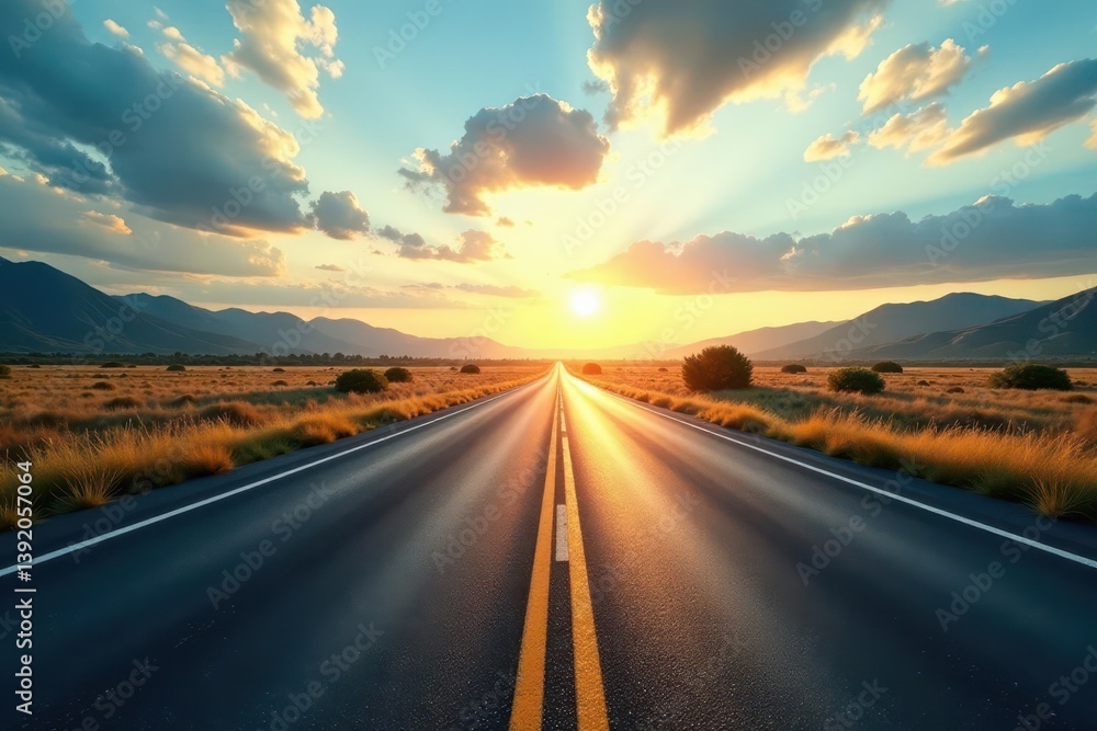 Forking highway, sunlit crossroads, decision point, diverging, options Forking highway, sunlit crossroads, decision point, diverging, options