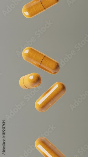 Loop vertical video of the Yellow turmeric capsules, yellow powder inside the caplets.