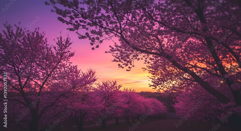 Fototapeta premium Crimson Sunset, Blossom Dreams AI Generated