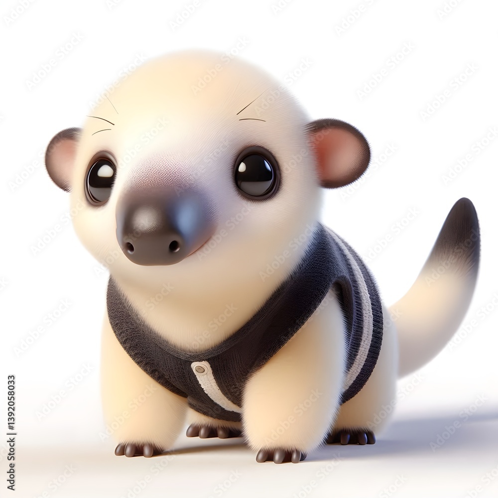 Naklejka premium Cute 3D baby tamandua with cream fur and long snout. Its gentle stance looks sweet. Soft lighting
