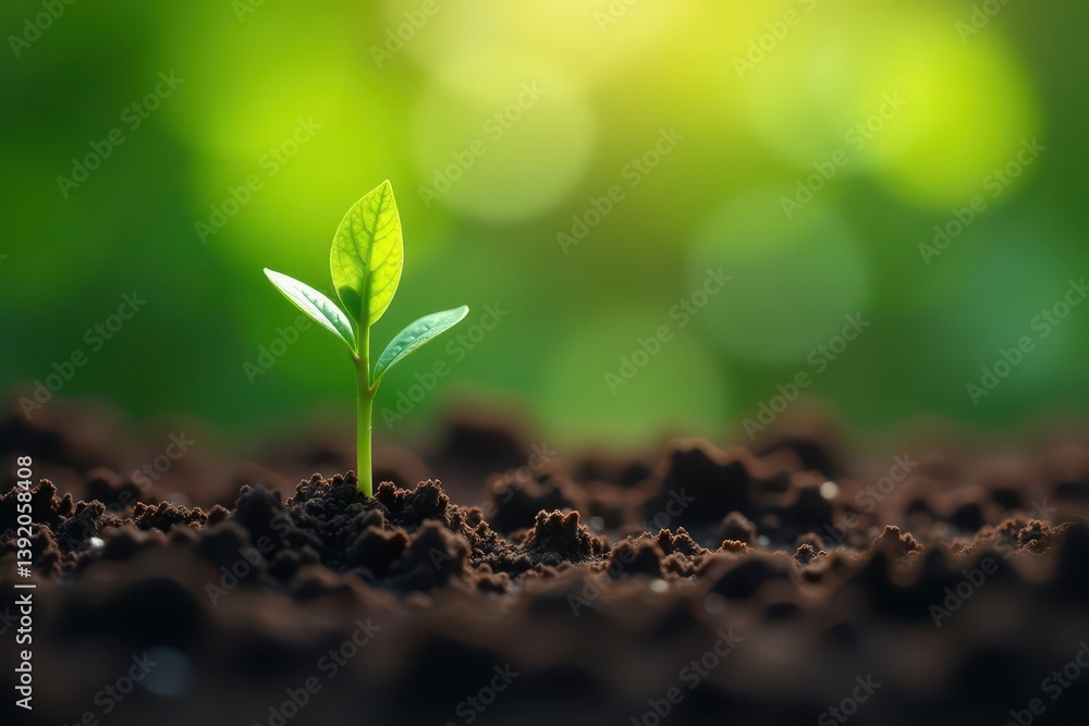 Fototapeta premium Tiny green sprout pushing through soil, signifying new business growth , nature, life, fertile