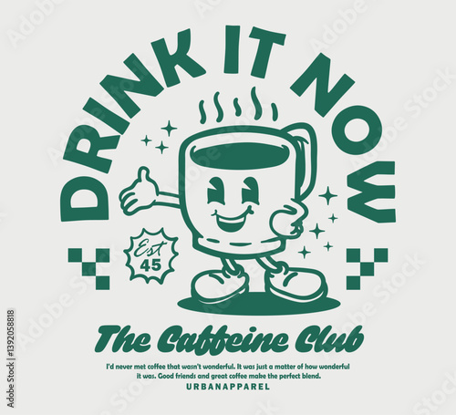 Groovy funky vector of coffee cup mascot illustration cartoon style, retro and trendy graphic design for fashion wear, street wear, clothing line, apparel and urban style t shirt design, hoodies, etc