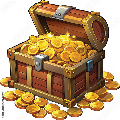 A wooden treasure chest overflowing with shiny gold coins