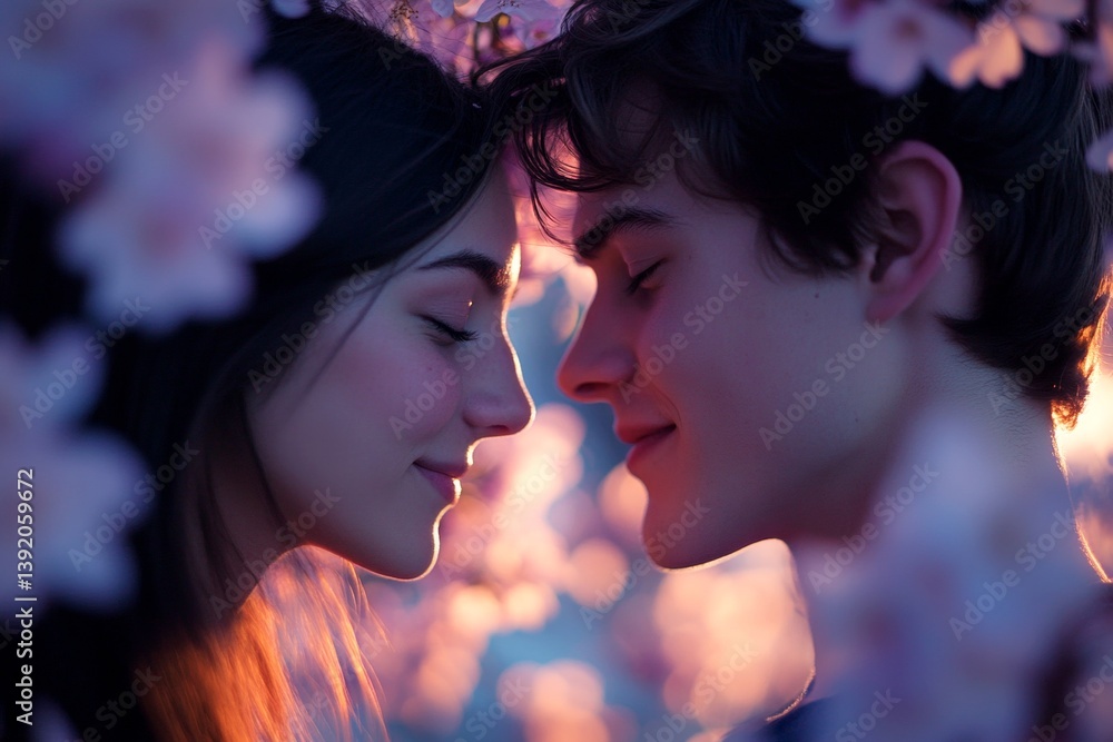 Dark night and warm mystic light - complementary lighting. Spring mood creative: attractive caucasian young girl and guy inhaling the odor of cherry blossoms. Couple posing with cherry blossoms. Dark night and warm mystic light - complementary lighting. Spring mood creative: attractive caucasian young girl and guy inhaling the odor of cherry blossoms. Couple posing with cherry blossoms.