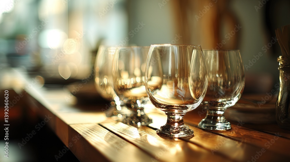 Stylish bar setup featuring arranged drinking glasses on wooden counter, shallow depth of field enhancing elegant ambiance. Stylish bar setup featuring arranged drinking glasses on wooden counter, shallow depth of field enhancing elegant ambiance.