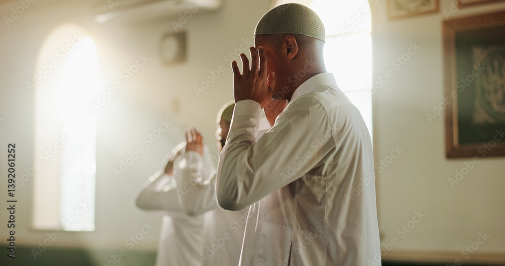 Fototapeta premium Religion, prayer and Muslim men in mosque, faith and peace for Palestine, spiritual belief or arabic culture. Islamic group, people or worship in holy temple and community solidarity with gratitude