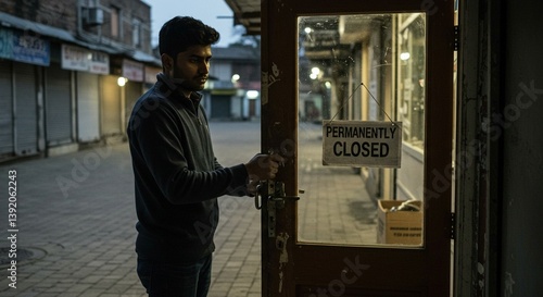 A small business owner closing down their store, with a 'Permanently Closed' sign and a deserted marketplace in the background.
