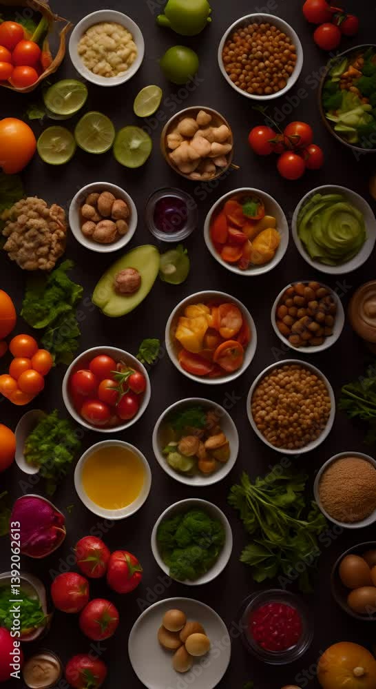 Varied healthy foods arranged on a dark surface offer a nutritious and colorful meal prep 4K vertical Varied healthy foods arranged on a dark surface offer a nutritious and colorful meal prep 4K vertical