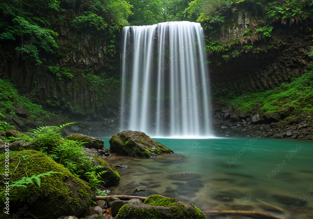 Obraz premium Majestic Waterfall Landscape Lush Greenery, Turquoise Water, Rocky Base, Nature's Beauty, Serene Scene.