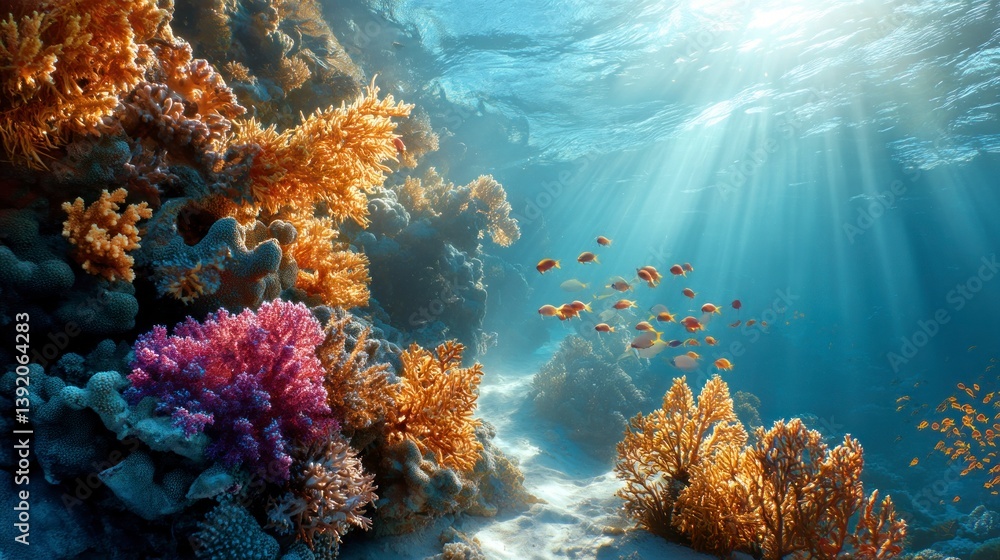 Obraz premium Exploring the Underwater Coral Reef with Fish and Sun Rays