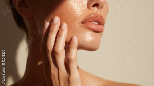 extreme closeup of a skincare model's fingers on her cheek