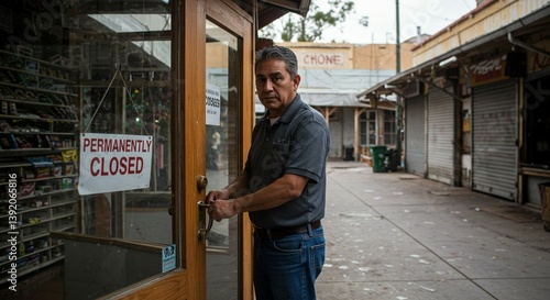 A small business owner closing down their store, with a 'Permanently Closed' sign and a deserted marketplace in the background.