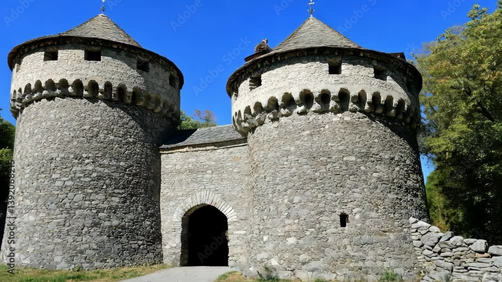 Exploring ancient stone castle towers surrounded by lush greenery under a clear blue sky Exploring ancient stone castle towers surrounded by lush greenery under a clear blue sky