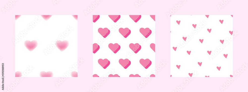 Set of seamless patterns with pink hearts. Collection of backgrounds with hearts in 80-90s style. Blurry, tiny and volumetric hearts. Girly style, coquette. Good for cover design, surfaces, textile Set of seamless patterns with pink hearts. Collection of backgrounds with hearts in 80-90s style. Blurry, tiny and volumetric hearts. Girly style, coquette. Good for cover design, surfaces, textile