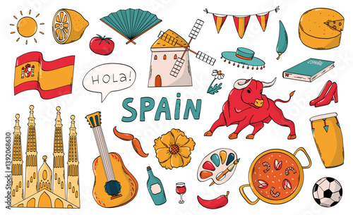 Spain colorful doodles, cartoon elements collection for stickers, prints, planners, signs, cards, emblems, etc. EPS 10
