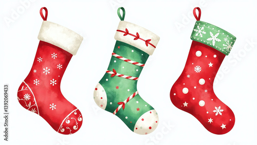 vibrant watercolor christmas stocking illustration festive red green design format isolated white background holiday