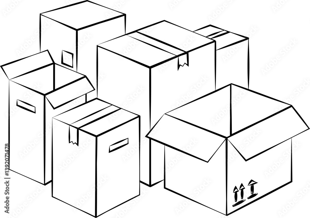 linear boxes vector object - isolated black outline silhouette of cardboard boxes for moving packing storage. simple illustration of a packaging outline linear boxes vector object - isolated black outline silhouette of cardboard boxes for moving packing storage. simple illustration of a packaging outline