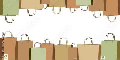 frame pastel eco shopping bags - delicate colored paper bags with recycling symbol - trendy modern illustration for paper decoration card design