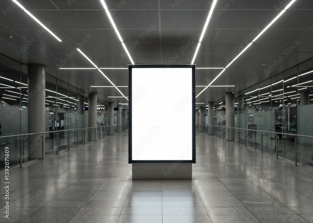 Fototapeta premium Modern Digital Billboard in Futuristic Glass Hallway, Realistic 3D mock-up of vertical ads banner, Large blank billboard, Blank vertical advertising mockup in contemporary interiors 