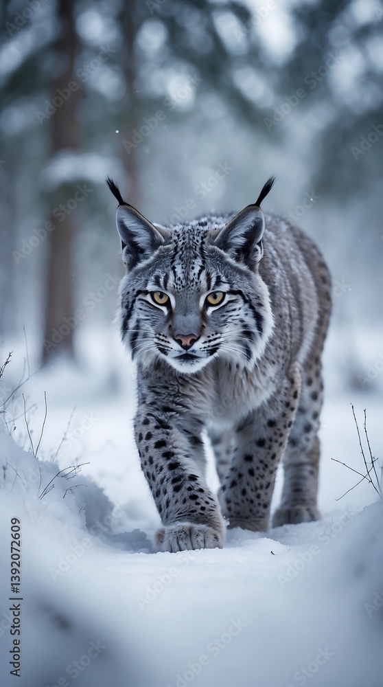 Obraz premium Lynx walks through a snowy forest, showcasing its striking fur and focused gaze