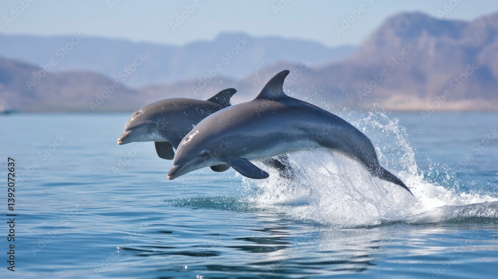 Fototapeta premium Dolphins Leaping From Ocean Water in Spectacular Display with Mountain Backdrop