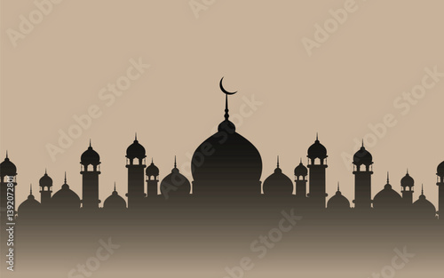 Dark silhouette of a mosque with domes and minarets under a light brown sky. Conveys Islamic culture and religious significance.