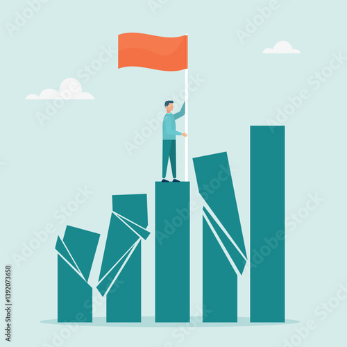 Winner in business. Successful character on stand, strong bar chart, domino collapse, winner takes all. Survival in business competition. Vector illustration.	