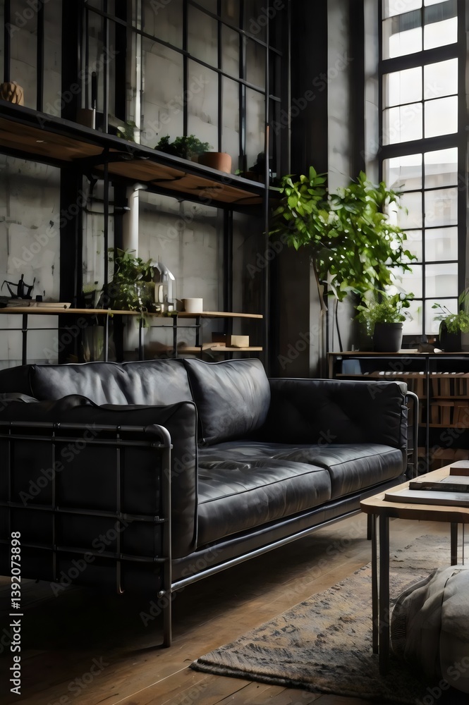 Obraz premium A black leather couch sits in a living room with a large window