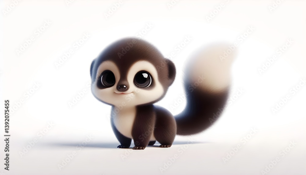 Fototapeta premium 3D baby tayra with dark fur and cream chest patch on white background. Its fluffy tail adds extra charm. Soft lighting