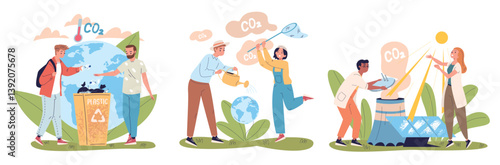 People reduce co2. Reduction dioxide gas emission neutral carbon footprint concept, save eco environment impact of greenhouse pollution, green energy set classy vector illustration