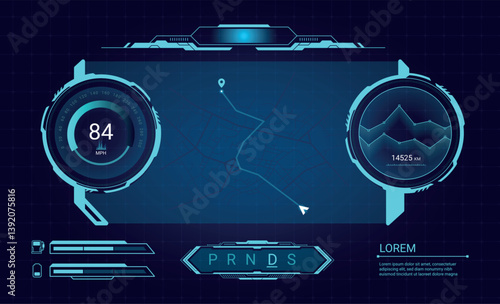 Car dashboard screen. Future vehicle hud digital display, game futuristic interface virtual cockpit control panel speedometer hologram frame with map navigation vector illustration