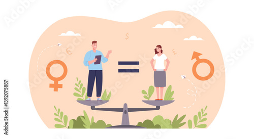 Gender equality concept. Man woman social balance scale, sex discrimination male female identity equity symbols employee business diversity salary right sexism vector illustration