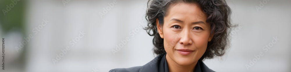A woman with a black jacket and a white scarf. She is smiling. The image has a happy and warm mood A woman with a black jacket and a white scarf. She is smiling. The image has a happy and warm mood