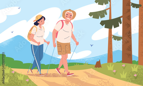 Elderly couple hiking. Senior man woman hike trail walking outdoor, grandmother grandfather active tourism together pensioner aged people sport trekking, classy vector illustration