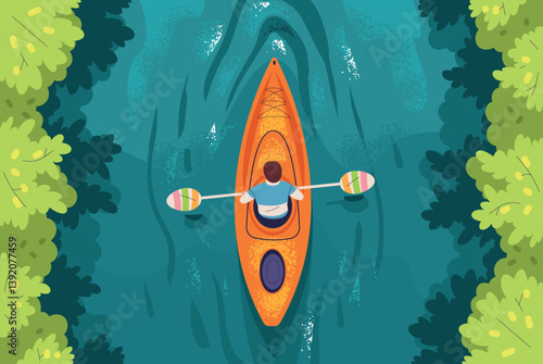 Kayaking top view. Man with paddle in canoe on sea water flow river rafting, kayak boat rowing above lake race extreme adventure sport nature background classy vector illustration