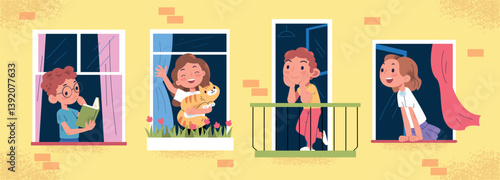 Children neighbors. Cartoon kids neighbor in windows and balcony talk communication, child neighborhood sick boy and girl at home building quarantine, classy vector illustration