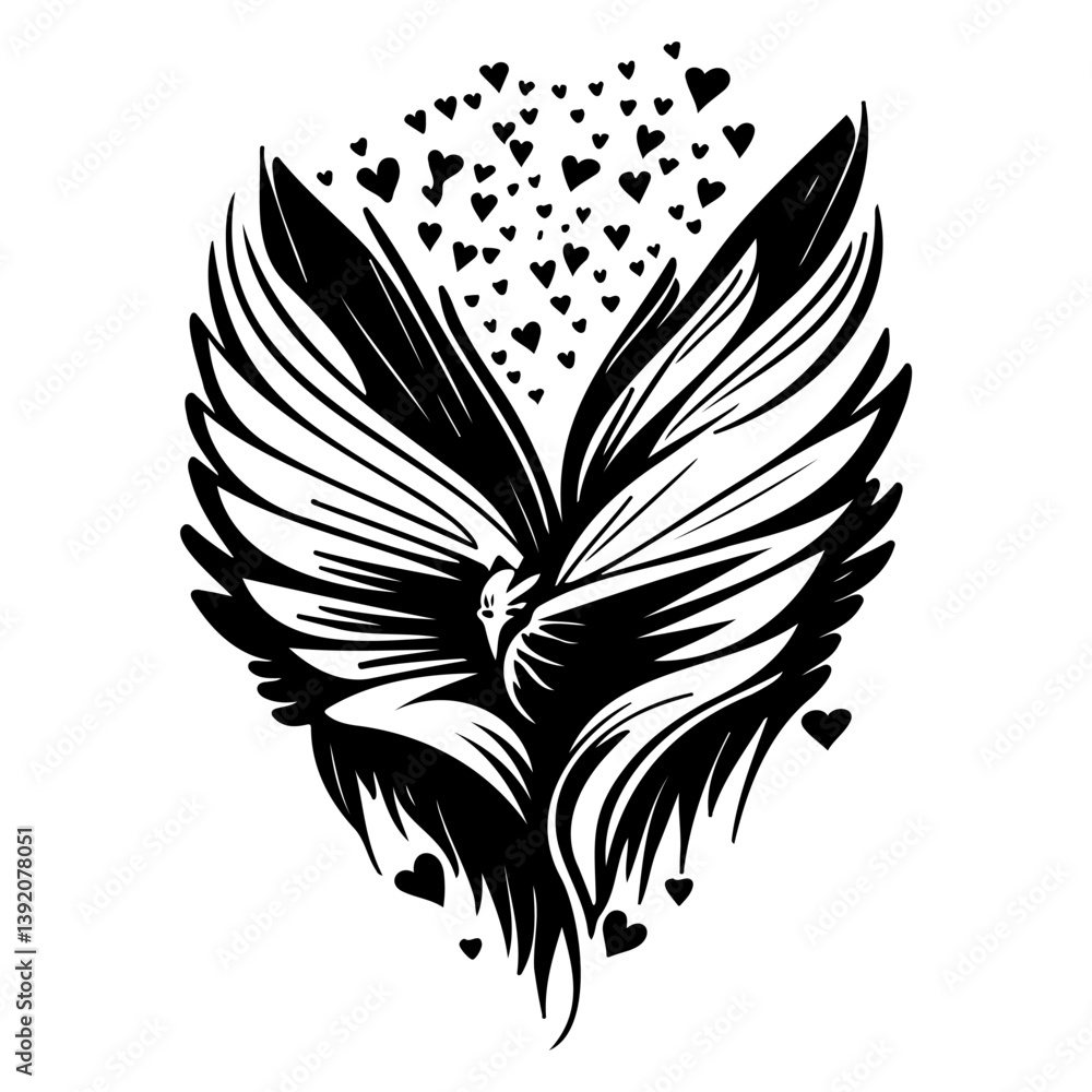 Obraz premium Stylized wings encompassing a heart shape motif surrounded by floating hearts