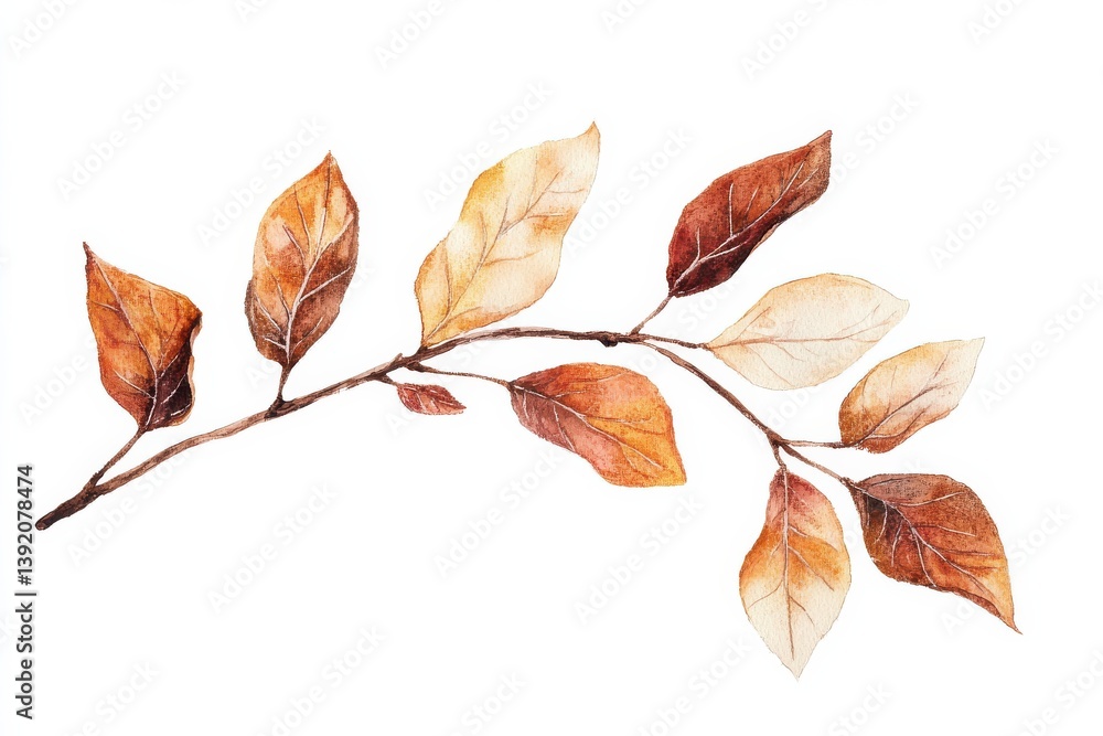 Watercolor painting of autumn branch with brown and gold leaves delicate details isolated on white isolated on transparent background Watercolor painting of autumn branch with brown and gold leaves delicate details isolated on white isolated on transparent background